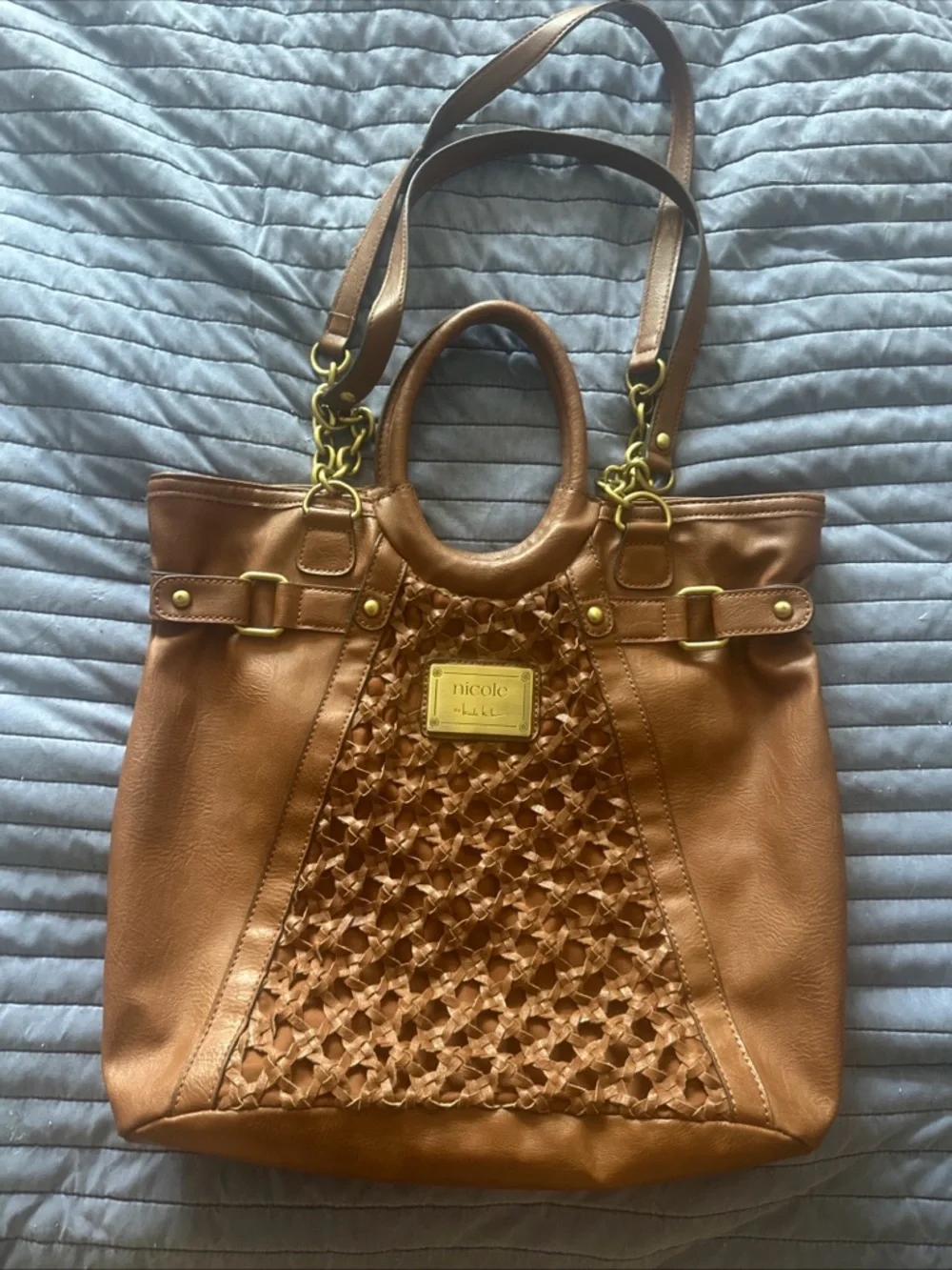 Nicole Miller Brown Woven‎ Front Tote with Gold Plaque
